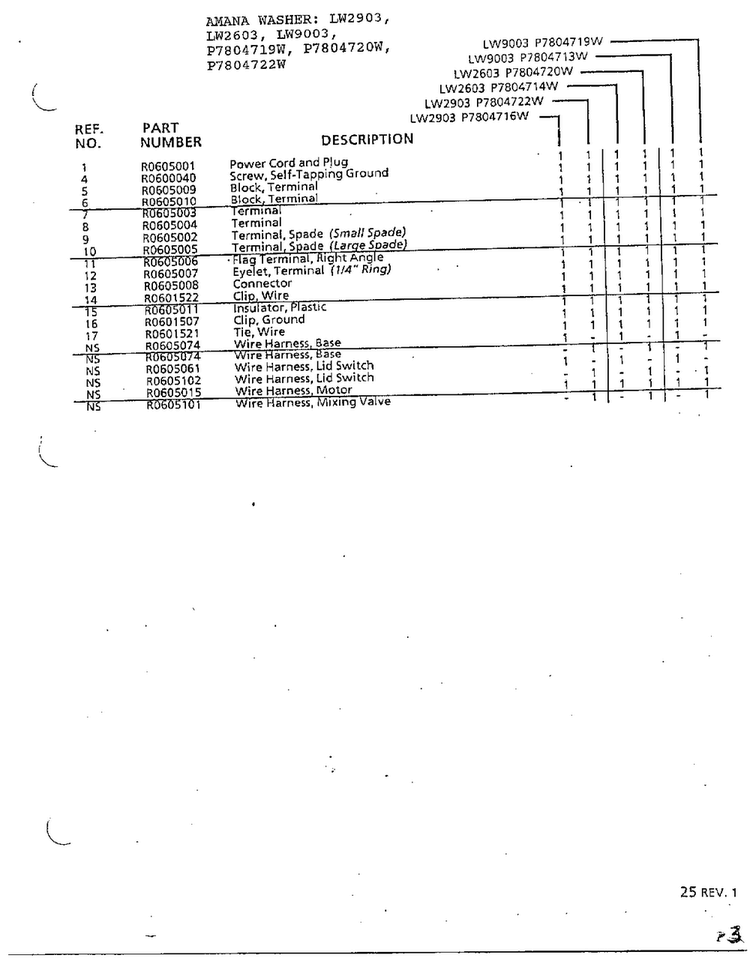 Power Cord, Wire And Terminals Page 2 Diagram and Parts List for P7804719W  Amana Washer