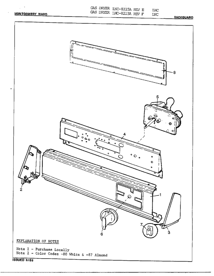 Gas Dryer/ Backguard Diagram and Parts List for 8215A REV F Norge Dryer