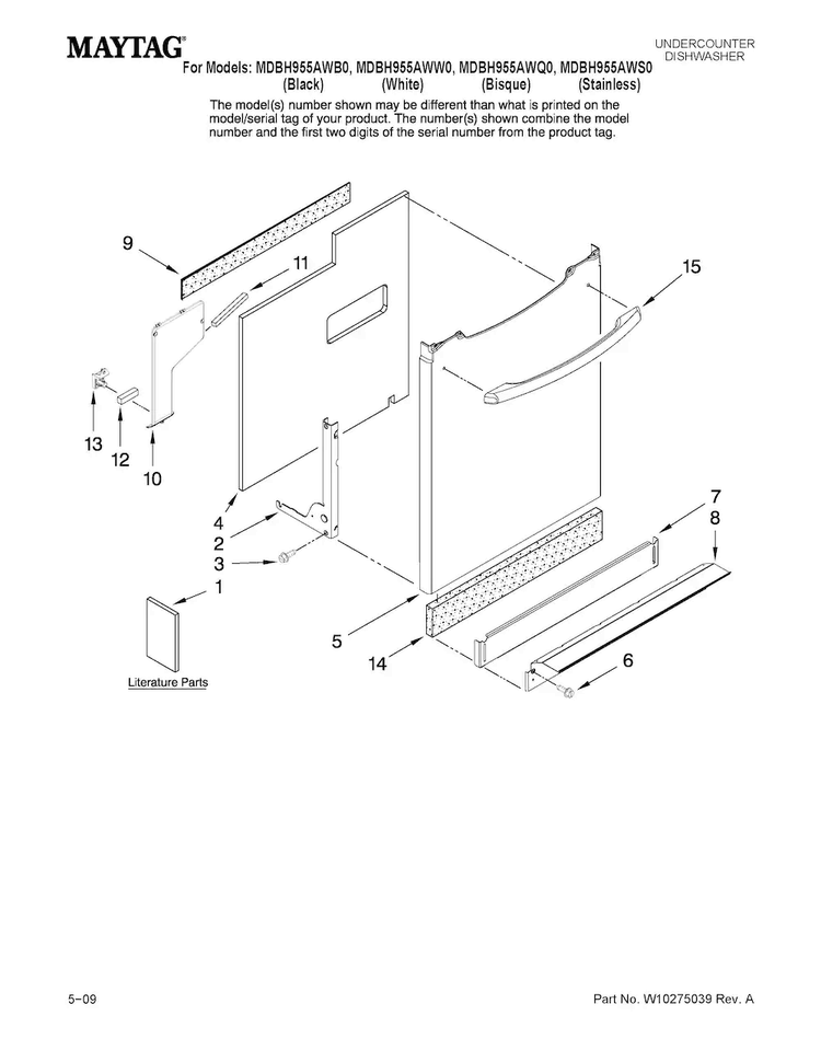 Door And Panel Parts Diagram and Parts List for MDBH955AWS0  Maytag Dishwasher