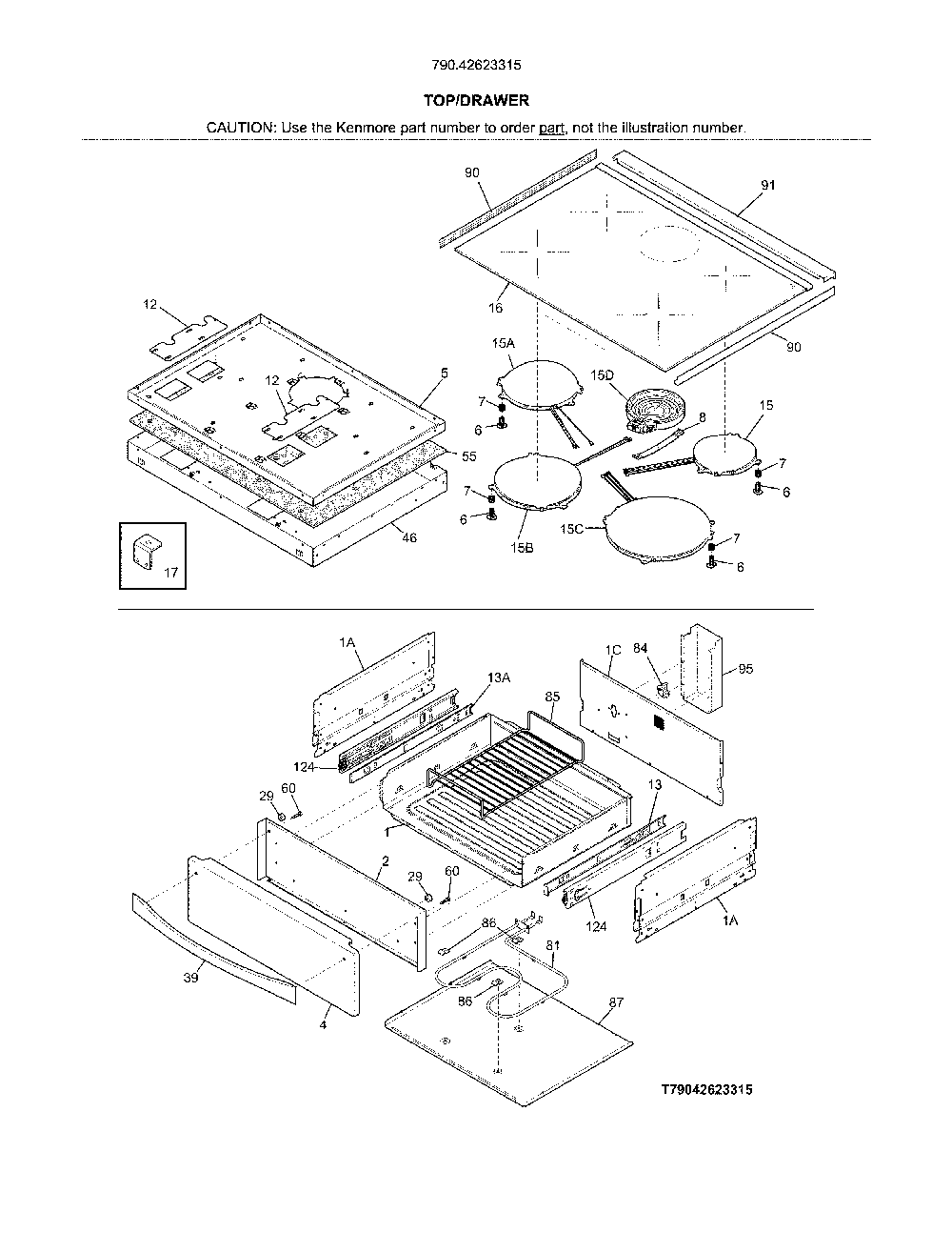 Top/Drawer Diagram and Parts List for 79042623315  Kenmore Range