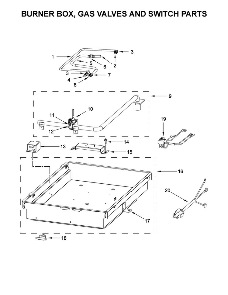 Burner Box, Gas Valves And Switch Parts Diagram and Parts List for JGC3115GS0  Jenn-Air Cooktop