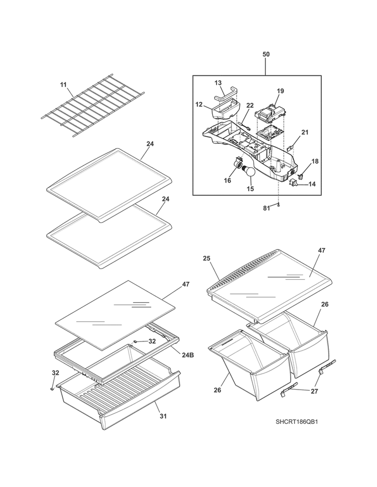 Shelves Diagram and Parts List for CRT186QB3  Crosley Refrigerator