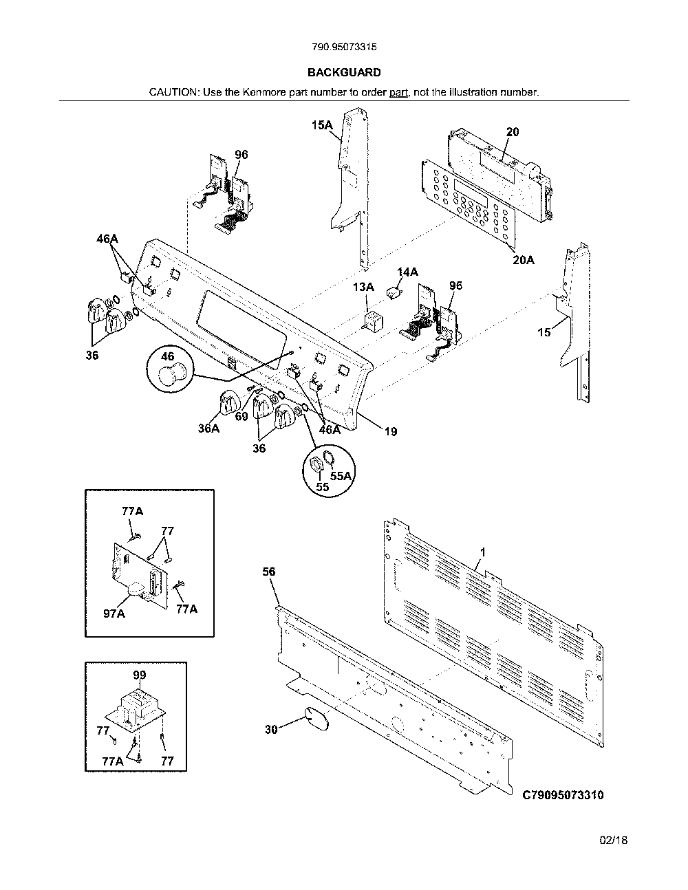Backguard Diagram and Parts List for 79095073315  Kenmore Range