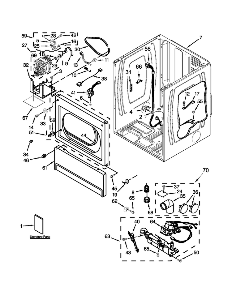 Lower Cabinet & Front Panel Parts Diagram and Parts List for MLG24PDAWW3  Maytag Dryer