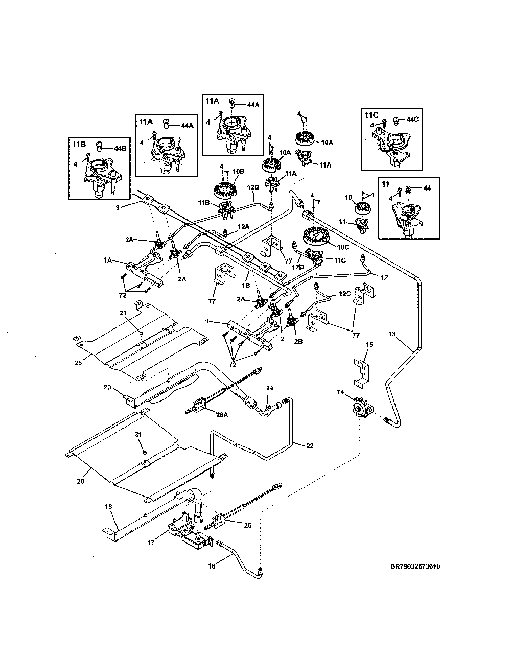 Burner Diagram and Parts List for 79032673610  Kenmore Range