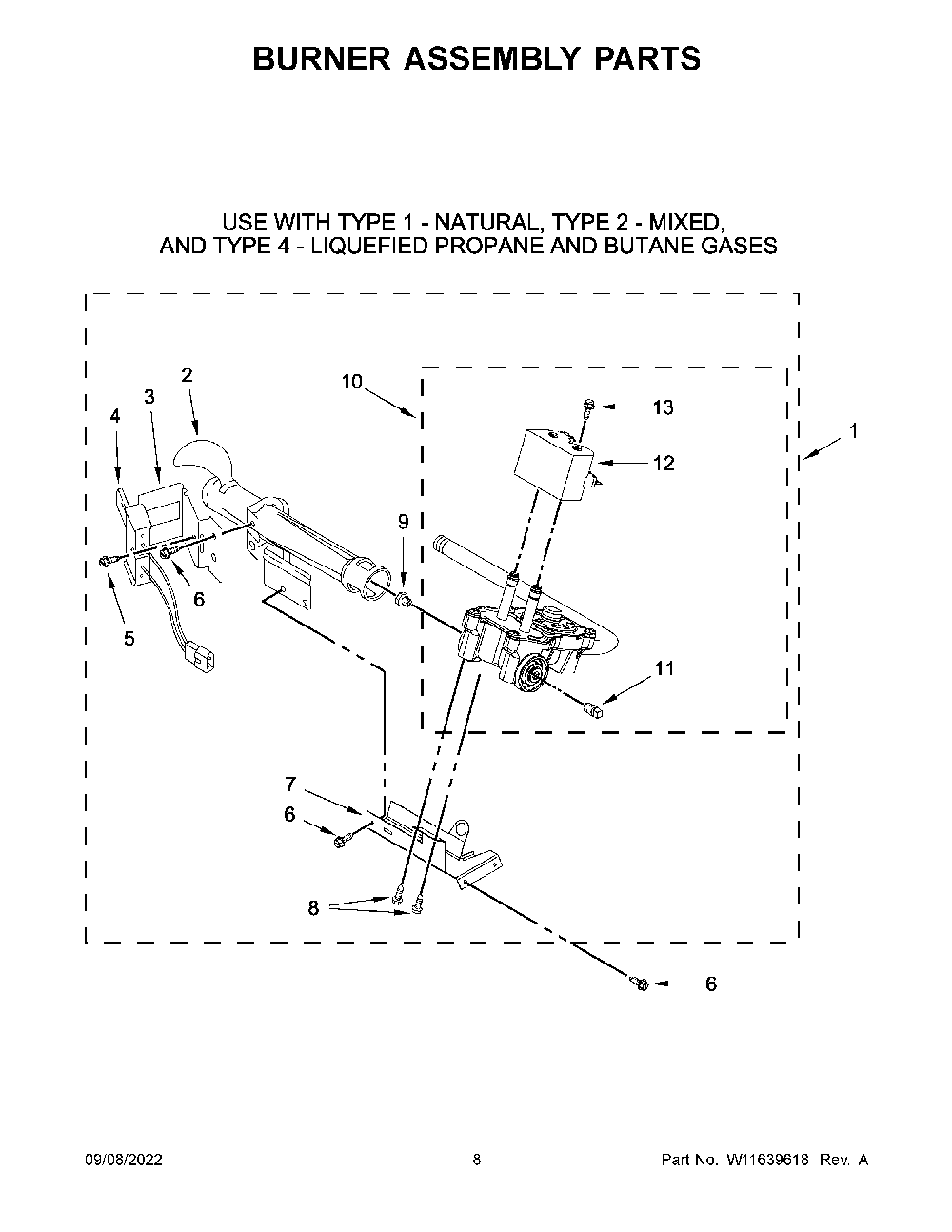 Burner Assembly Parts Diagram and Parts List for 11070222514  Kenmore Dryer