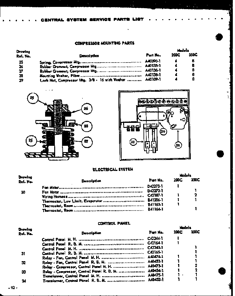Compressor Mounting Parts/electrical System/control Panel Diagram and Parts List for 200C  Amana Air Conditioner