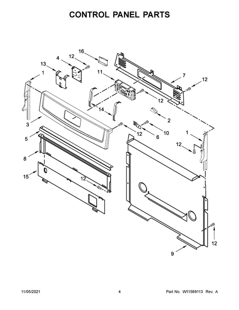 Control Panel Parts Diagram and Parts List for AGR6603SFW4  Amana Range
