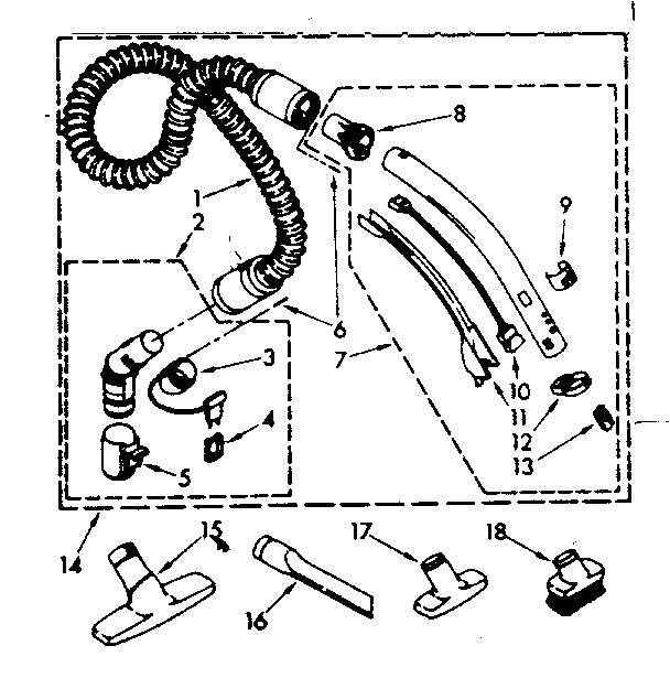 Hose And Attachment Parts Diagram and Parts List for 1162435081  Kenmore Canister Vacuum