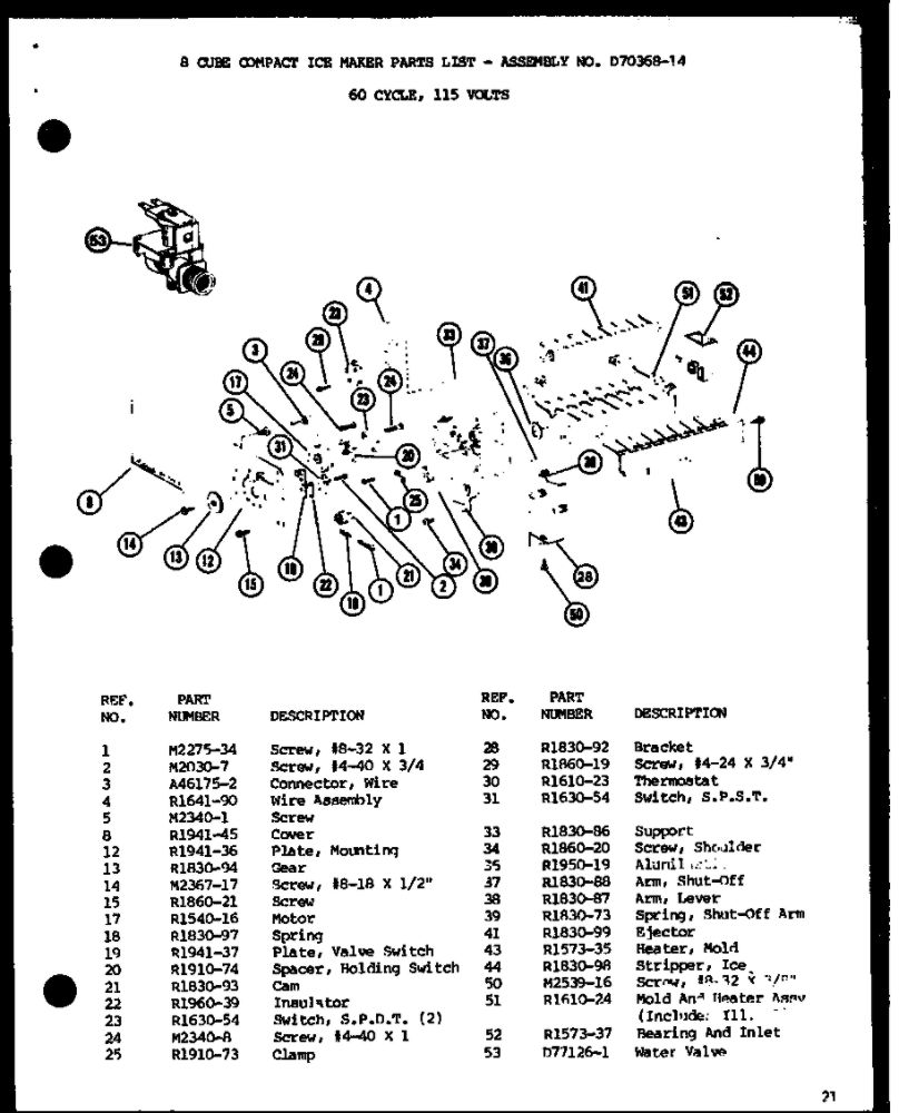 8 Cube Compact Ice Maker 1 Diagram and Parts List for IC2-P3641508W-SXS  Amana Refrigerator