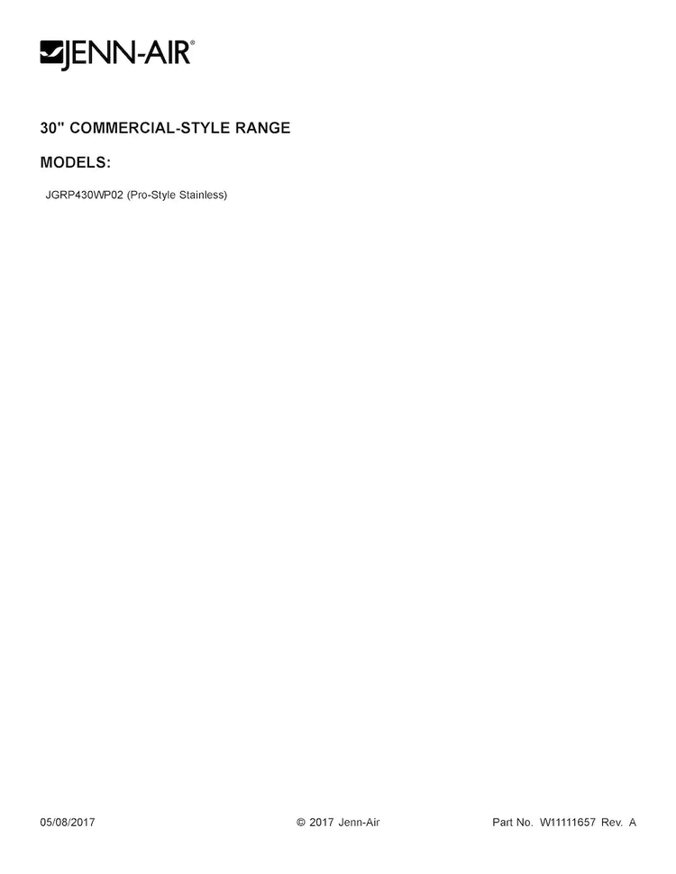 Cover Sheet Diagram and Parts List for JGRP430WP02  Jenn-Air Range