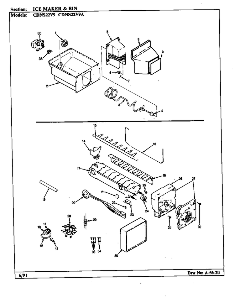 Ice Maker & Bin Diagram and Parts List for CDNS22V9A BR35E Maytag Refrigerator