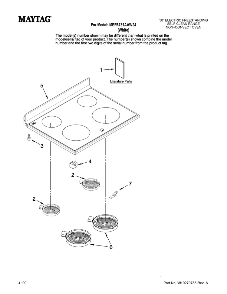 Cooktop Parts Diagram and Parts List for MER6751AAW24  Maytag Range