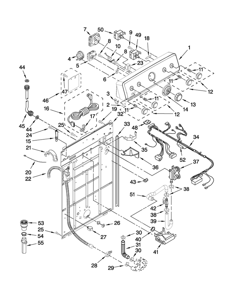 Controls And Rear Panel Parts Diagram and Parts List for 4KMTW5955TW1  Maytag Washer