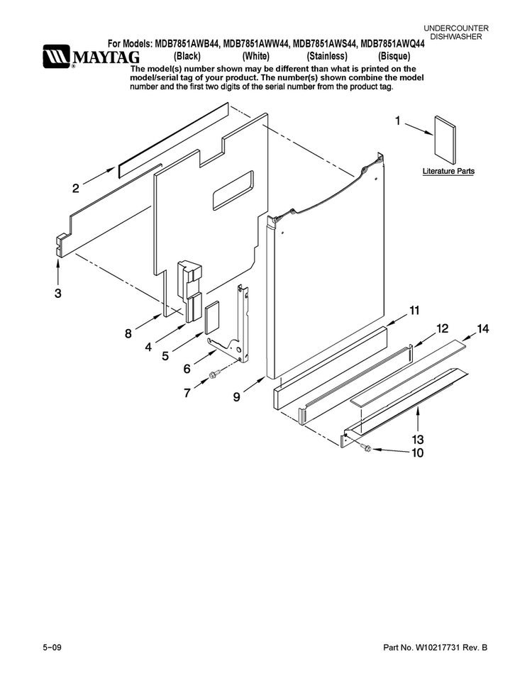 Door And Panel Parts Diagram and Parts List for MDB7851AWQ44  Maytag Dishwasher