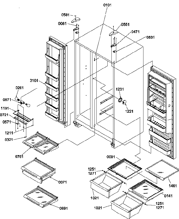 Refrigerator/freezer Shelves, Lights, And Hinges Diagram and Parts List for SR25TE-P1194002WE  Amana Refrigerator