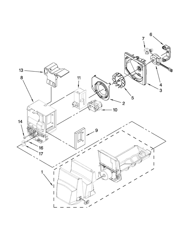 Motor And Ice Container Parts Diagram and Parts List for MFI2269VEB8  Maytag Refrigerator