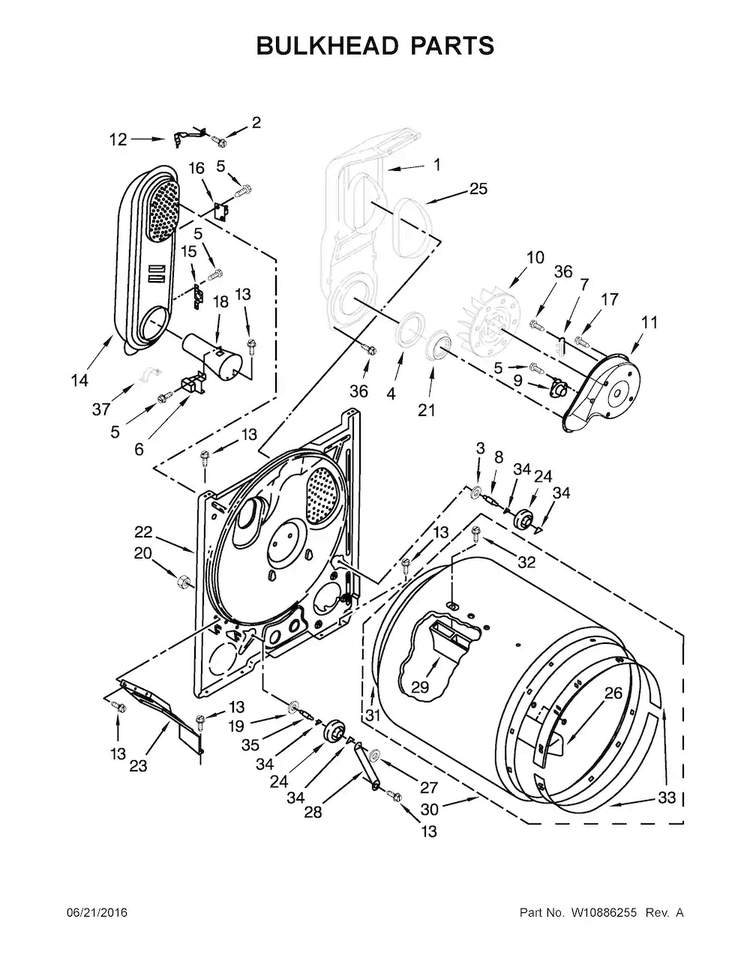Bulkhead Parts Diagram and Parts List for CGD126SDW3  Crosley Dryer