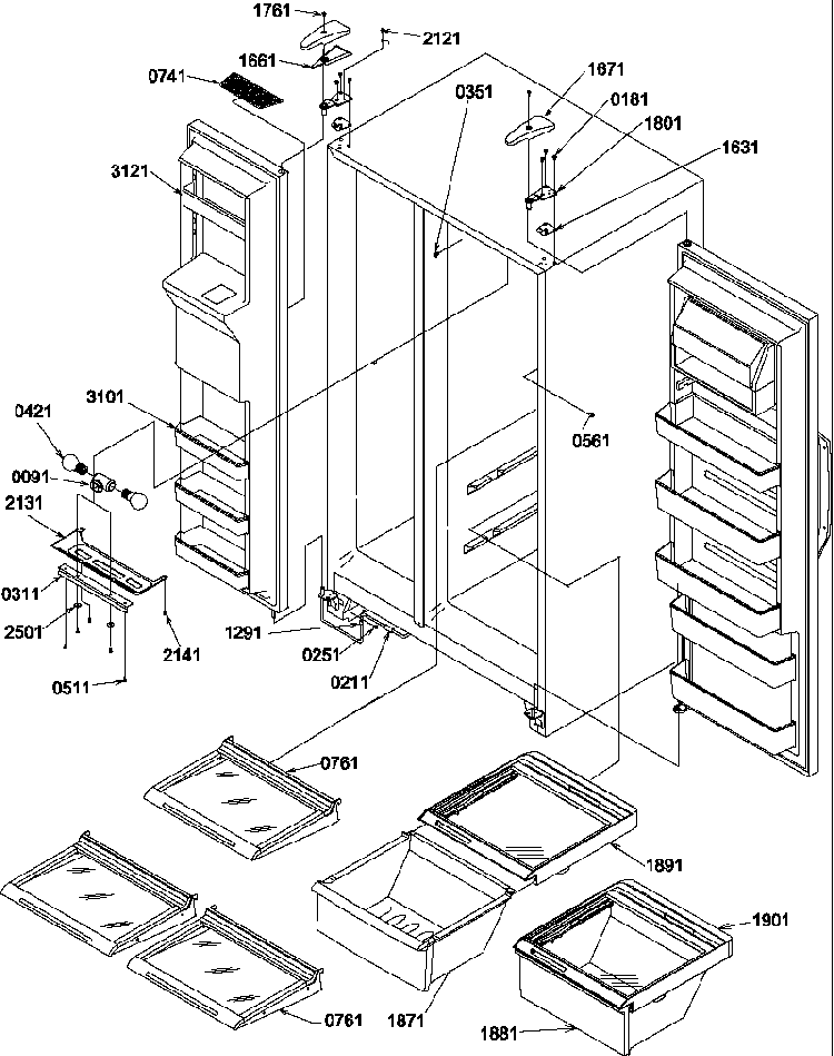 Refrigerator/freezer Shelves, Lights, And Hinges Diagram and Parts List for SCD25TBL-P1190428WL  Amana Refrigerator