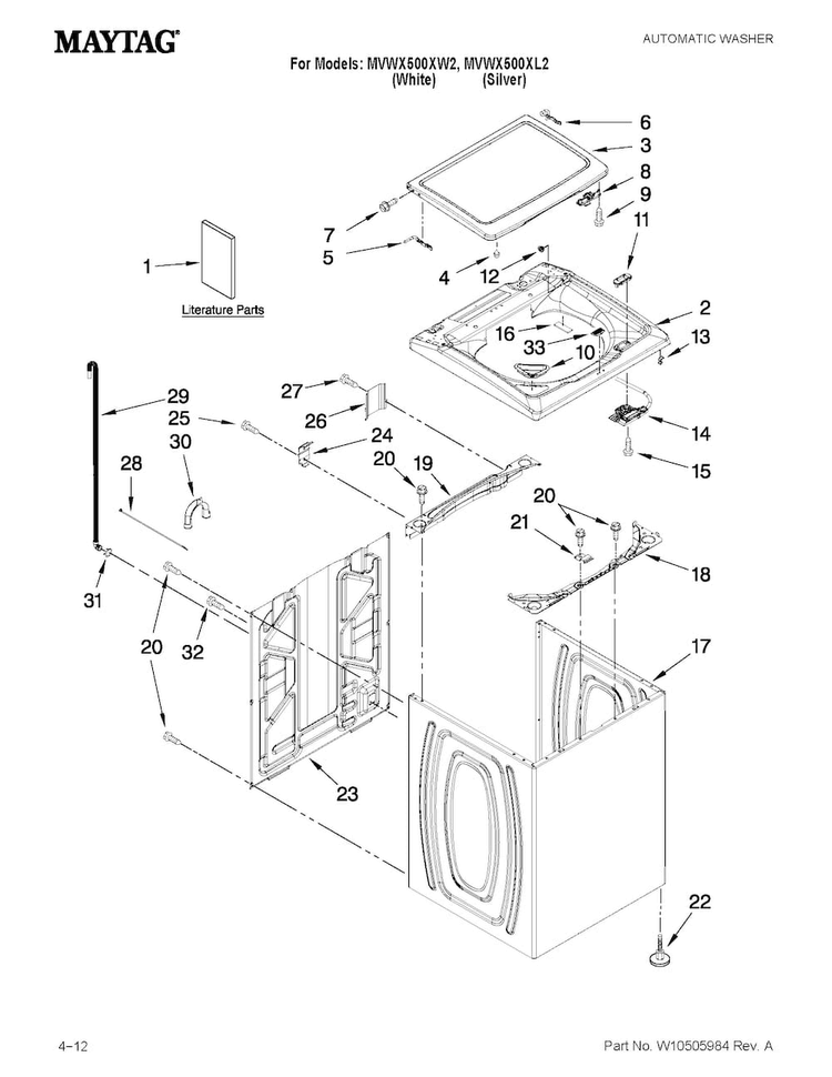 Top And Cabinet Parts Diagram and Parts List for MVWX500XL2  Maytag Washer