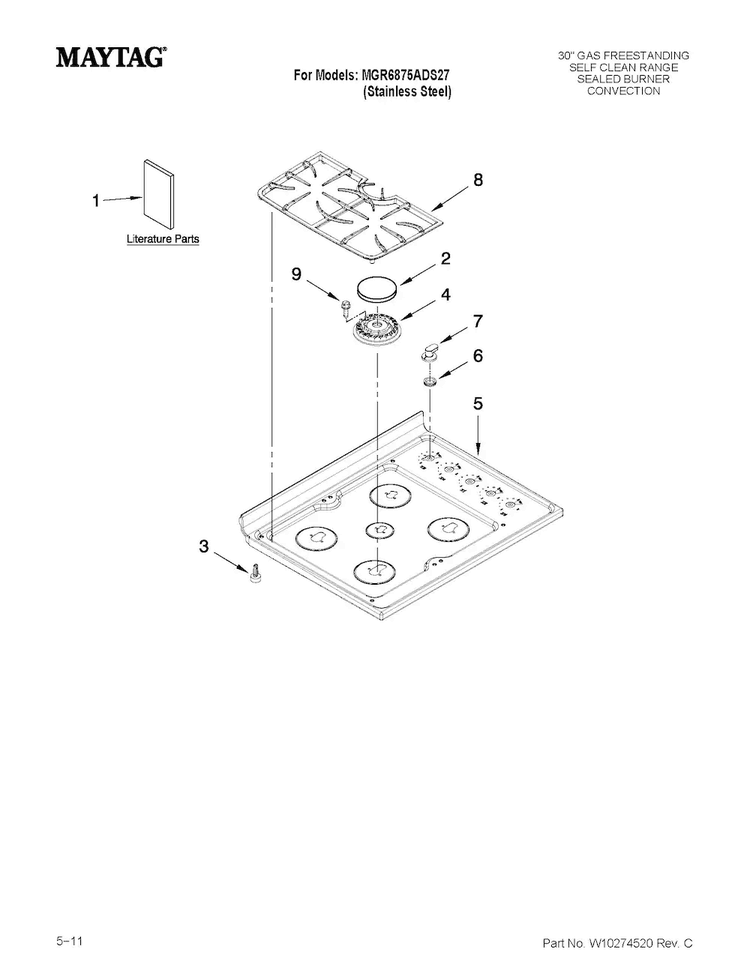 Cooktop Parts Diagram and Parts List for MGR6875ADS27  Maytag Range