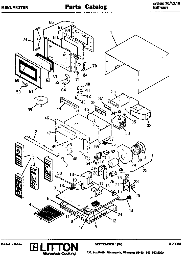 Section 1 Diagram and Parts List for 70 4010 Amana Microwave