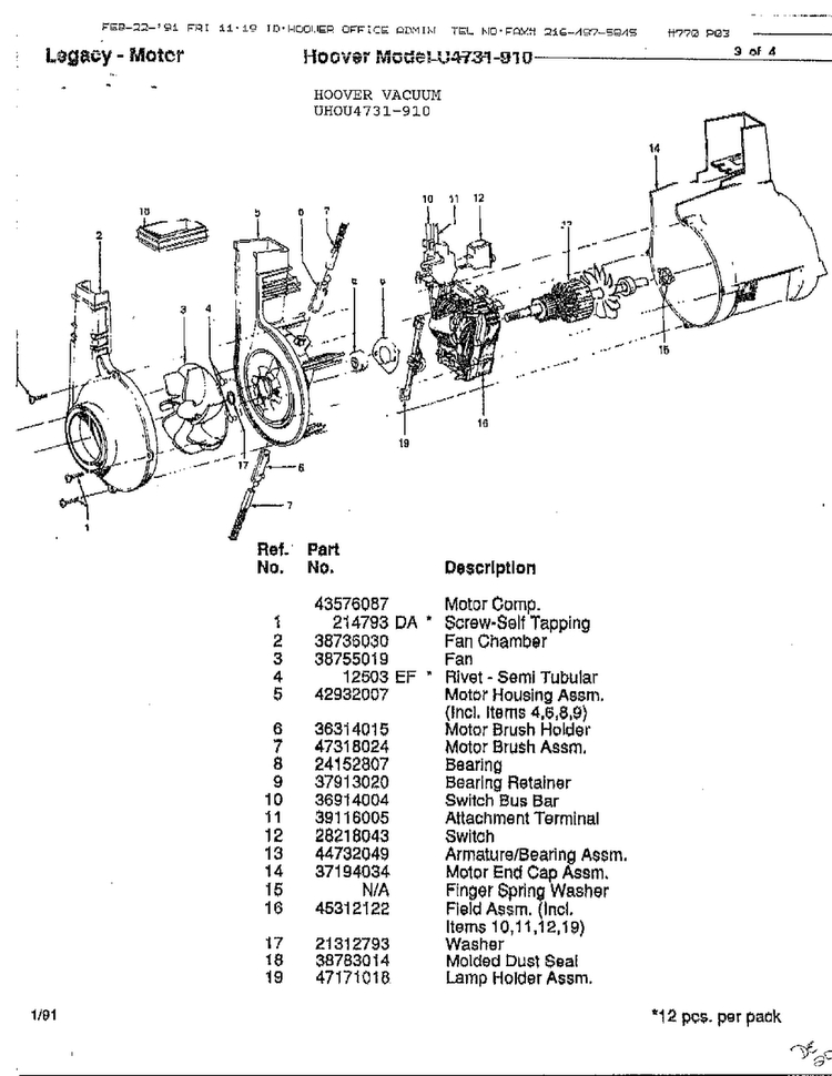 Hoover Vacuum Legacy Motor Diagram and Parts List for U4731-910  Hoover Upright Vacuum