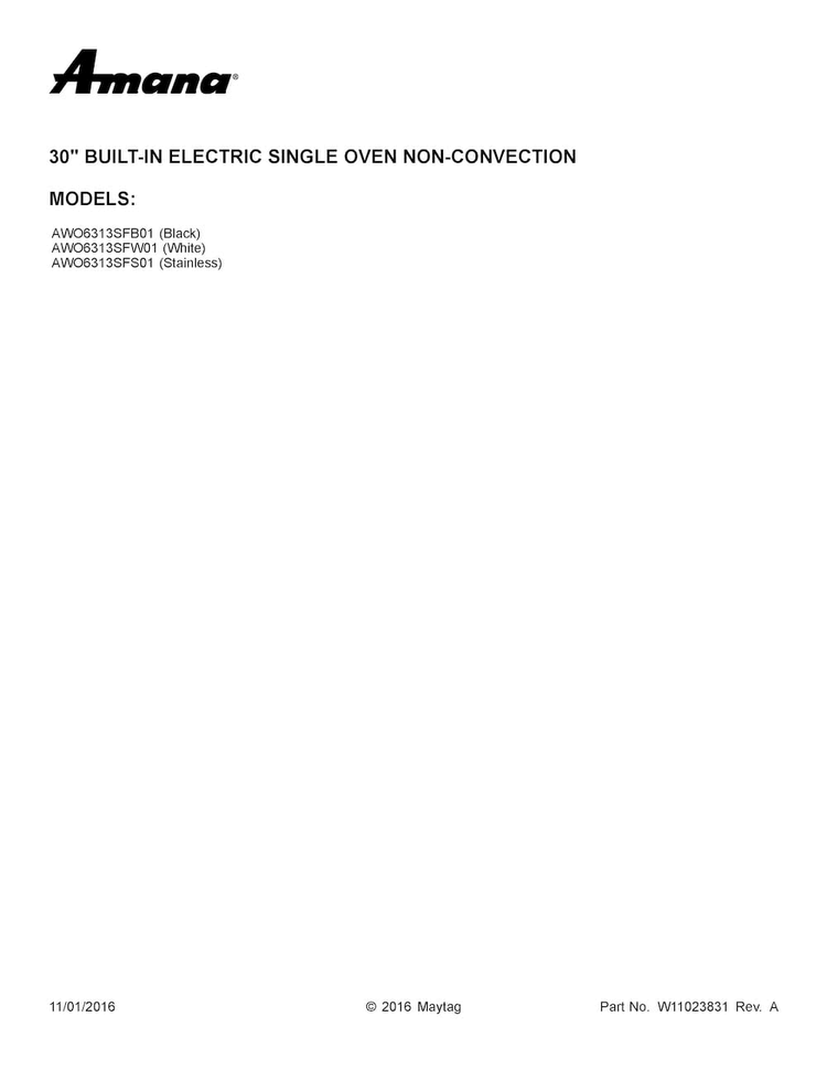 Cover Sheet Diagram and Parts List for AWO6313SFS01  Amana Wall Oven