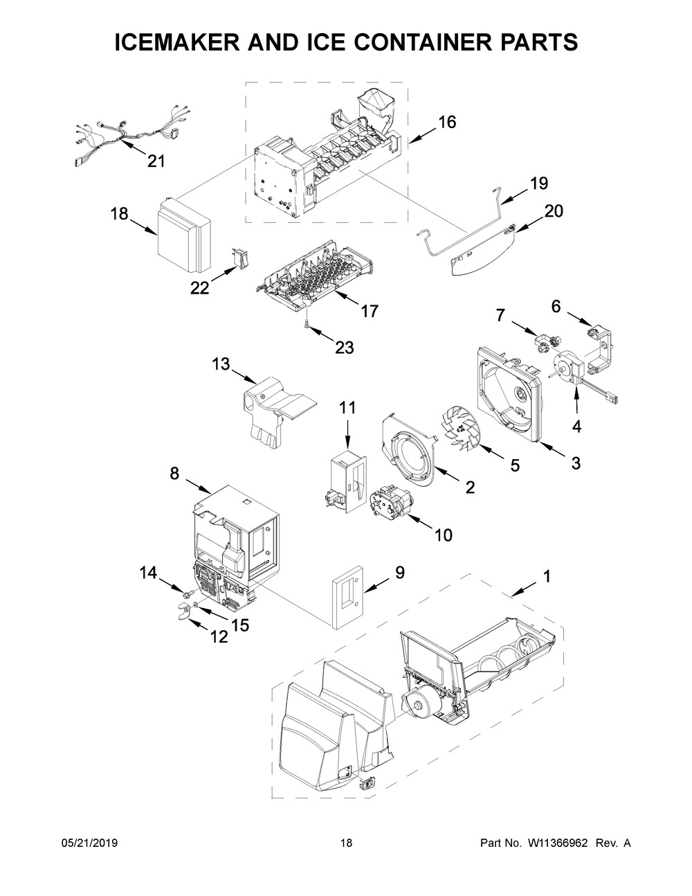 Icemaker And Ice Container Parts Diagram and Parts List for MFI2269FRZ04  Maytag Refrigerator
