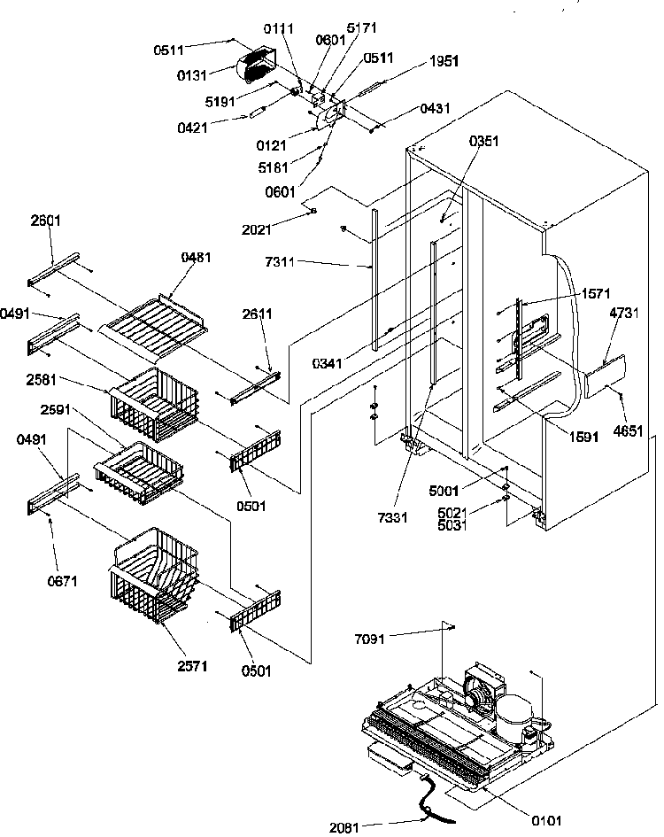 Freezer Shelves And Light Diagram and Parts List for SRDE327S3E-P1184906WE  Amana Refrigerator