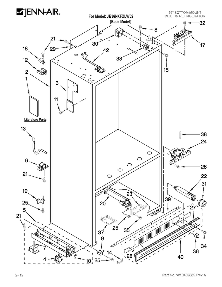 Cabinet Parts Diagram and Parts List for JB36NXFXLW02  Jenn-Air Refrigerator