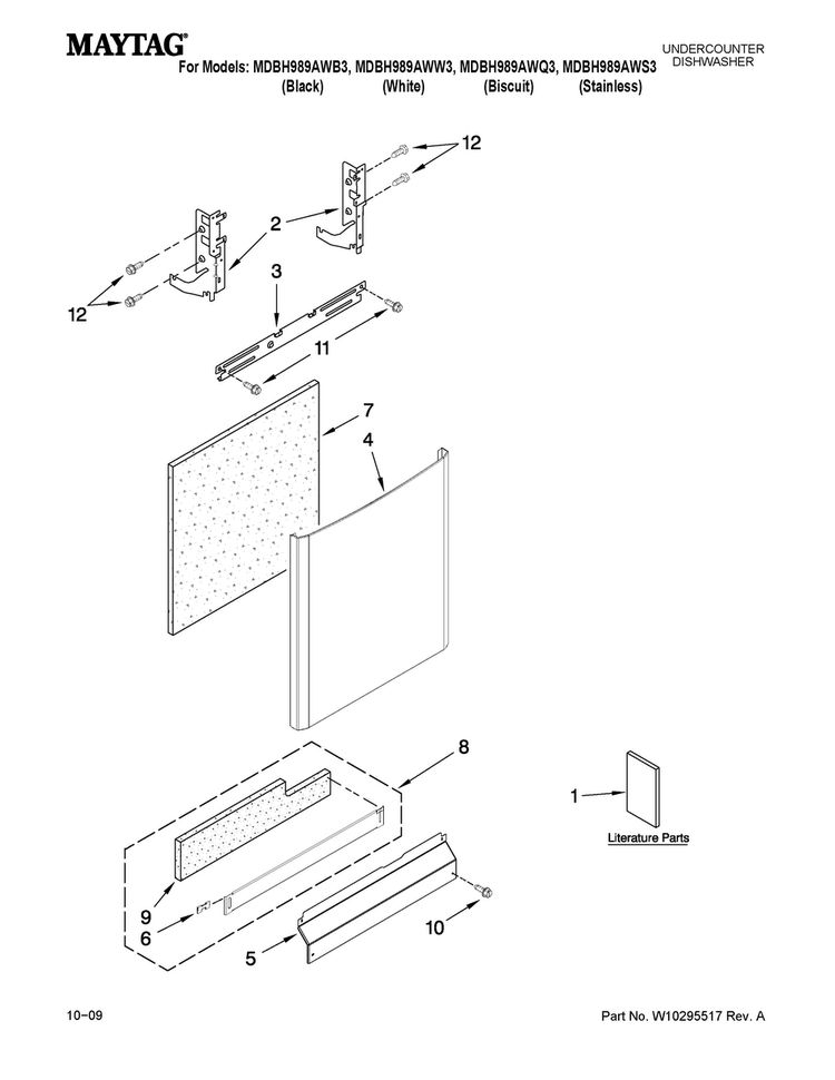 Door And Panel Parts Diagram and Parts List for MDBH989AWQ3  Maytag Dishwasher