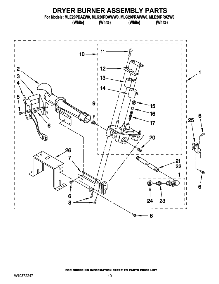 DRYER BURNER ASSEMBLY PARTS Diagram and Parts List for MLG20PRAWW0  Maytag Washer Dryer Combo