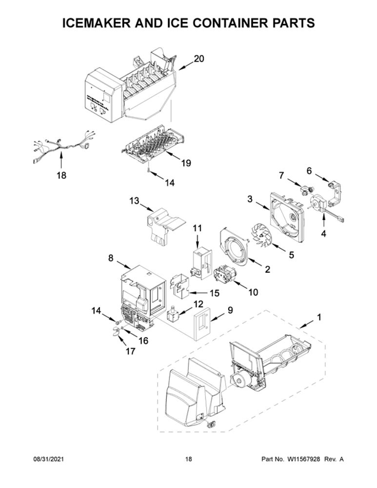 Icemaker And Ice Container Parts Diagram and Parts List for MFI2570FEW06  Maytag Refrigerator