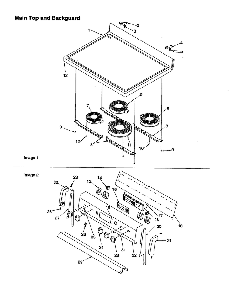Maintop And Backguard Diagram and Parts List for ART6121E-P1143812NE  Amana Range