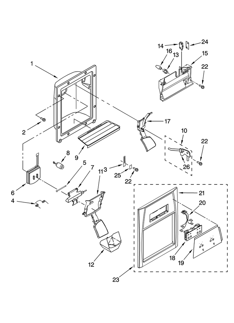 Dispenser Front Parts Diagram and Parts List for ASD2522VRB01  Amana Refrigerator