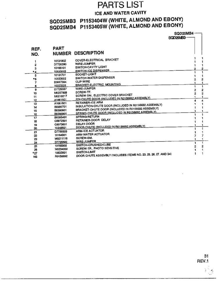 Ice And Water Cavity Page 4 Diagram and Parts List for SQD25MB3  Amana Refrigerator