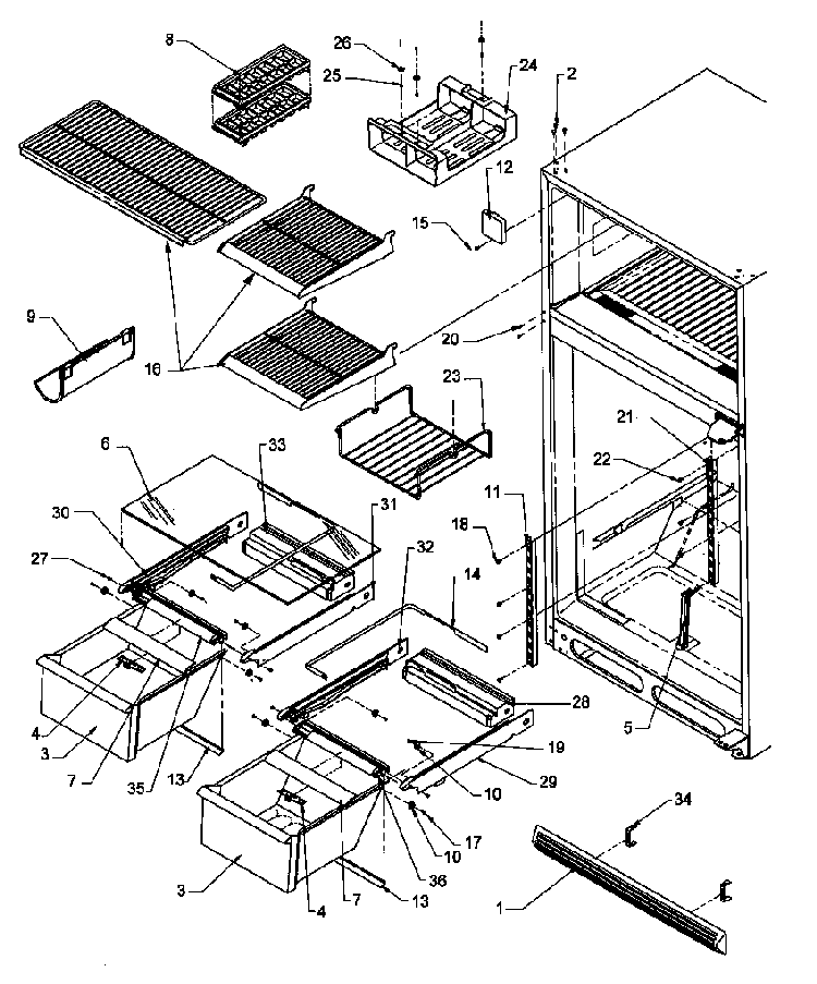 Cabinet Shelving Diagram and Parts List for THI21S3L-P1194701WL  Amana Refrigerator