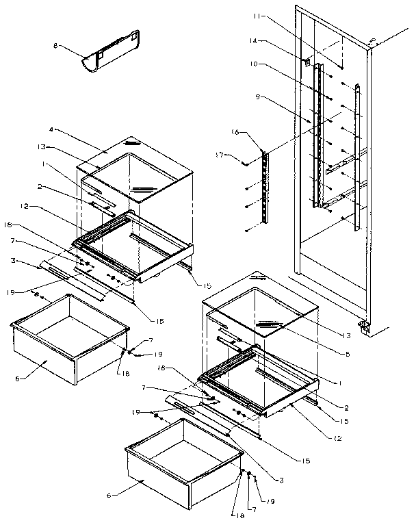 Refrigerator Shelving And Drawers Diagram and Parts List for SXD25NP-P1162407W  Amana Refrigerator