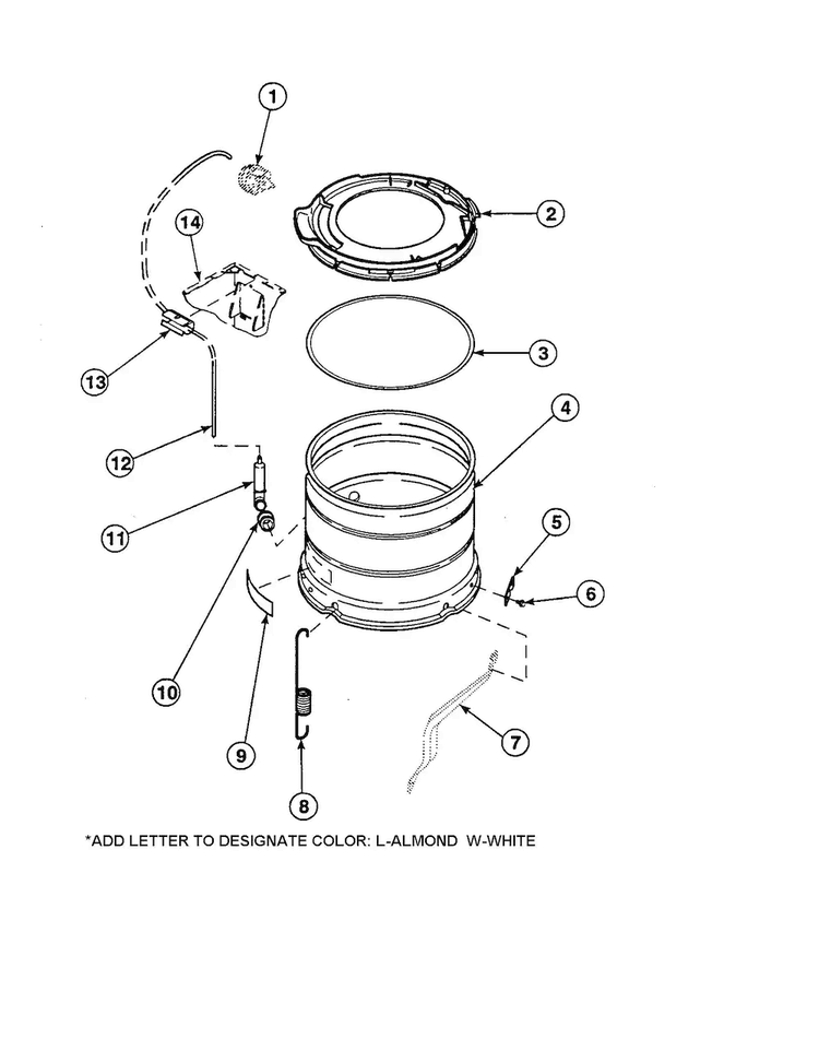 Outer Tub, Cover/pressure Hose Diagram and Parts List for CW8413W2-PCW8413W2B  Crosley Washer