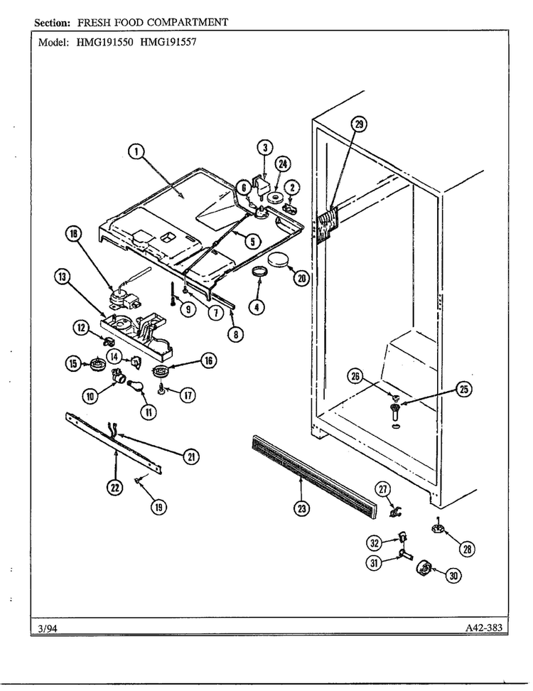 Fresh Food Compartment Diagram and Parts List for 191550  Admiral Refrigerator