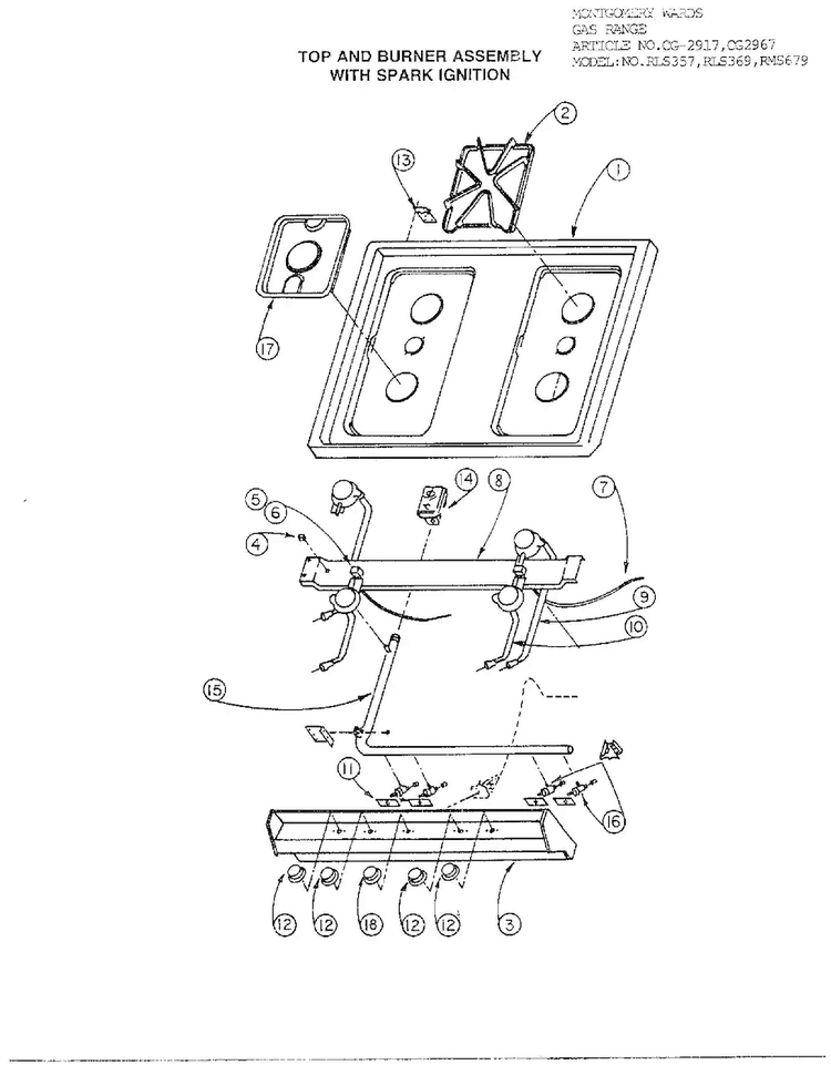 Top/burner/spark Ignition Diagram and Parts List for 2917  Amana Range