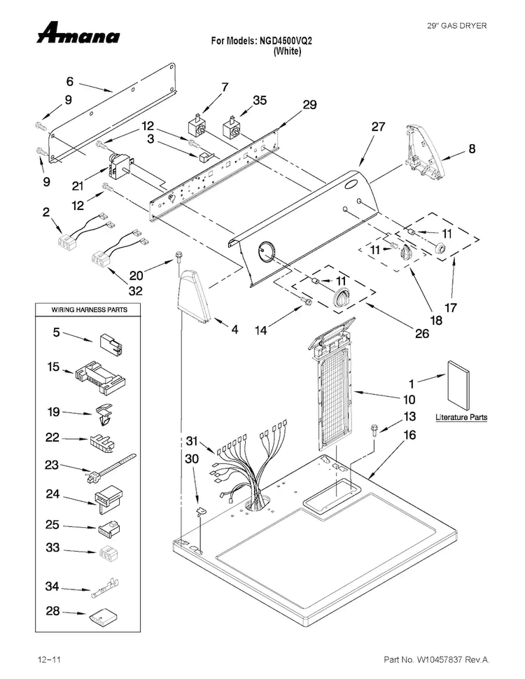 Top And Console Parts Diagram and Parts List for NGD4500VQ2  Amana Dryer