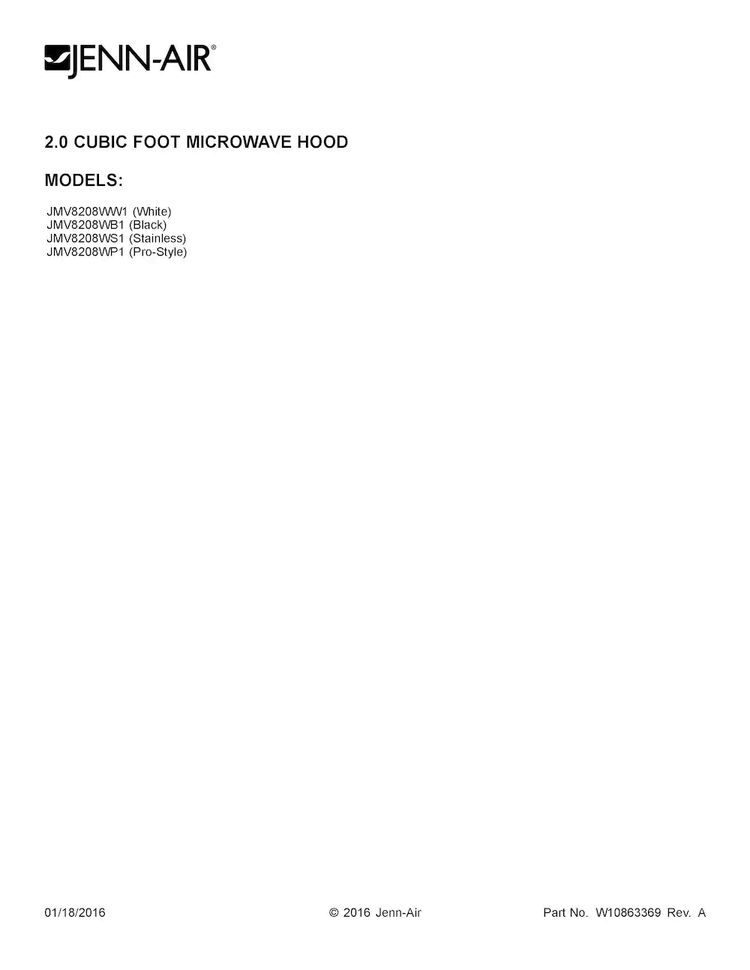 Cover Sheet Diagram and Parts List for JMV8208WB1  Jenn-Air Microwave