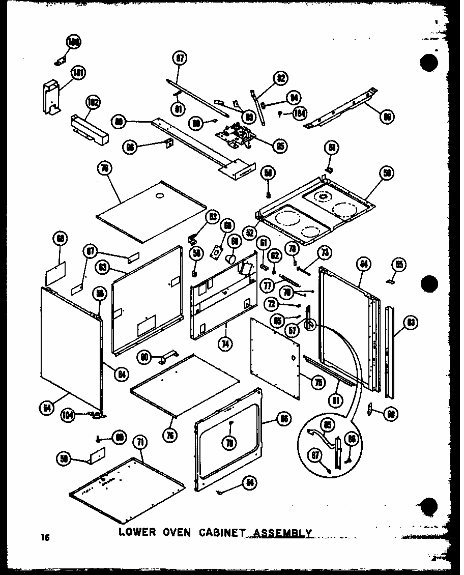 Lower Oven Cabinet Assembly Diagram and Parts List for RVH-2 P72908-1M Amana Range Hood