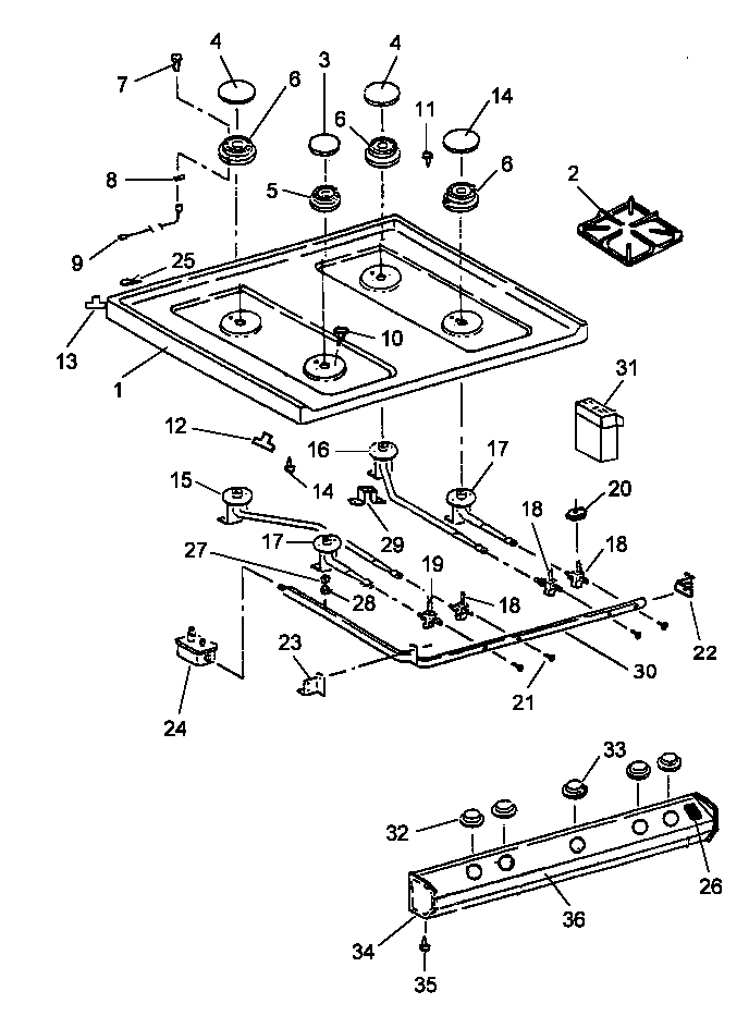 Main Top Diagram and Parts List for RLS270UW P1143043NW Caloric Range