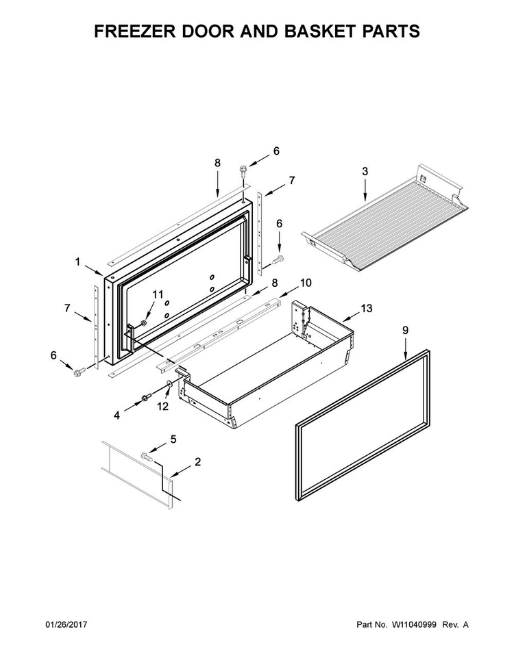 Freezer Door And Basket Parts Diagram and Parts List for JB36NXFXLE01  Jenn-Air Refrigerator