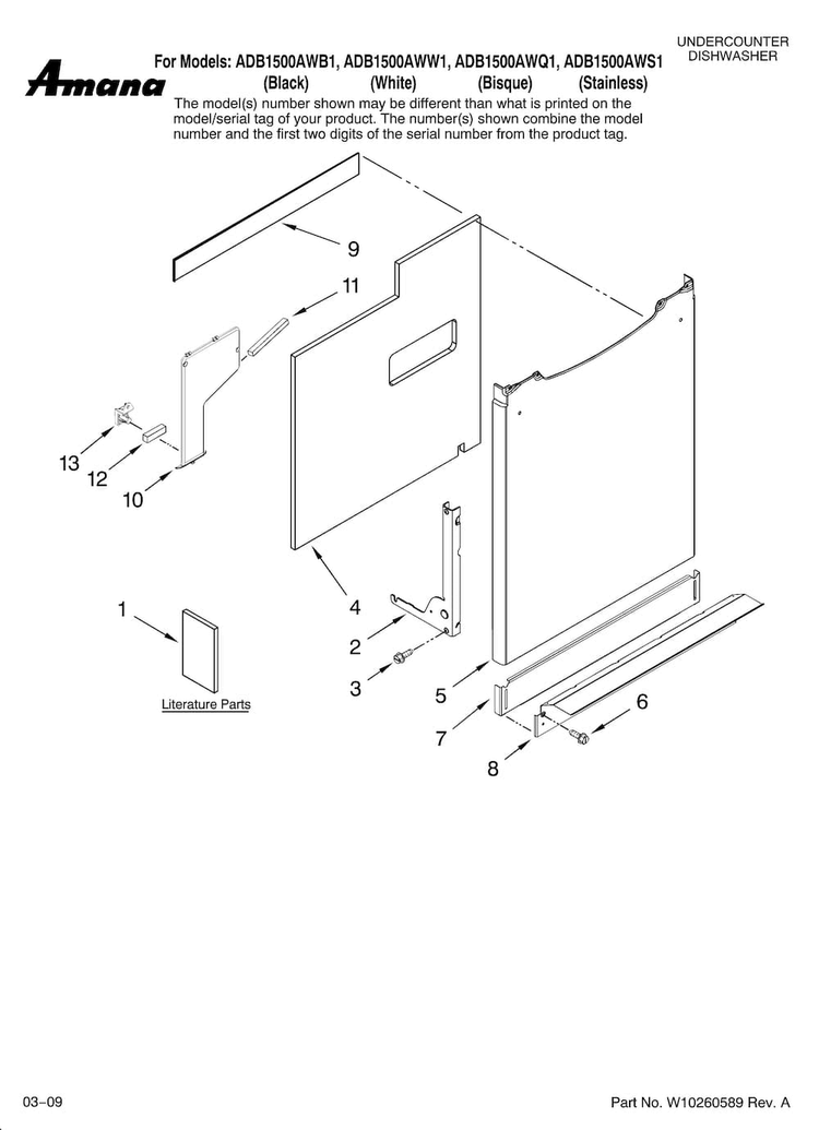 Door And Panel Parts Diagram and Parts List for ADB1500AWQ1  Amana Dishwasher