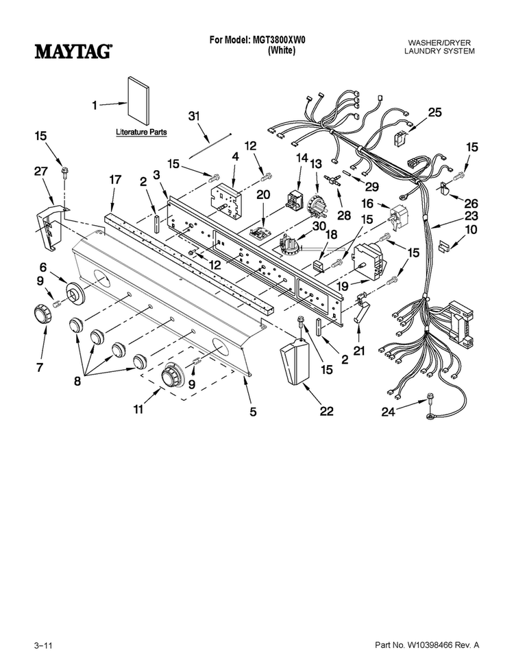 Washer/dryer Control Panel Parts Diagram and Parts List for MGT3800XW0  Maytag Washer Dryer Combo
