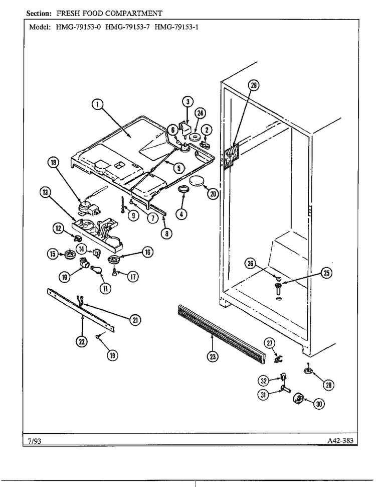 Fresh Food Compartment Diagram and Parts List for 79153-0B  Admiral Refrigerator